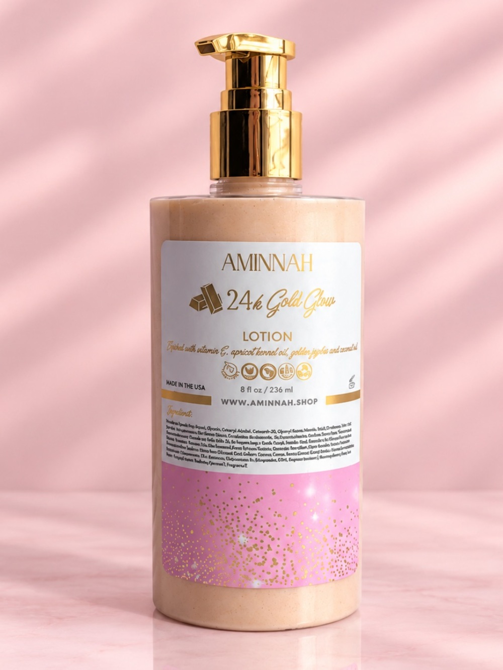 AMINNAH 24k Gold Glow Lotion — Pink & Gold Moisturizer